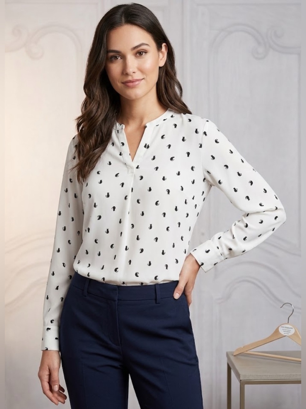 Banana Republic Factory Cat Print Blouse Size Small Boyfriend Fit